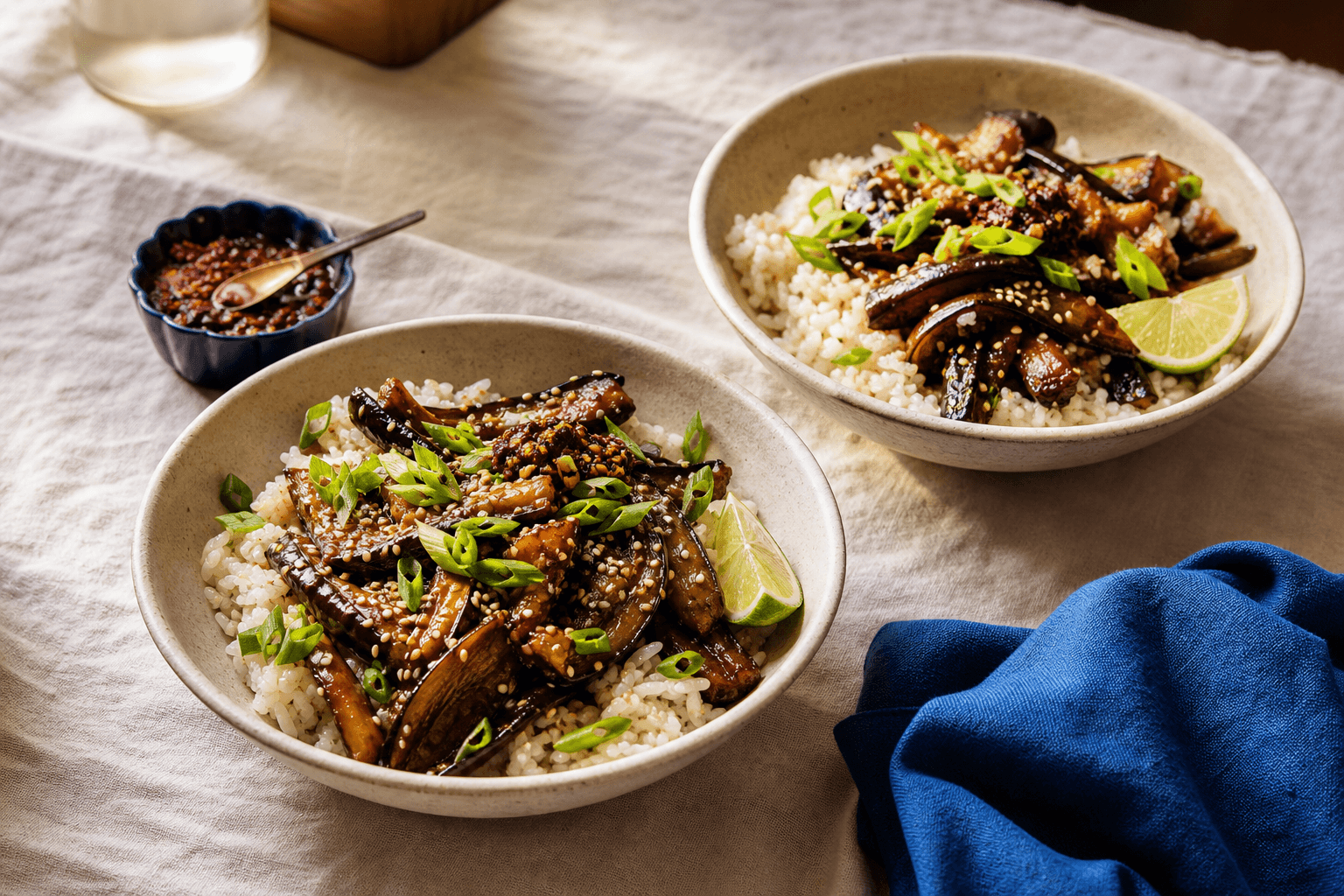 Two bowls of rice topped with glossy aubergine, spring onions, sesame seeds, lime and chilli crisp