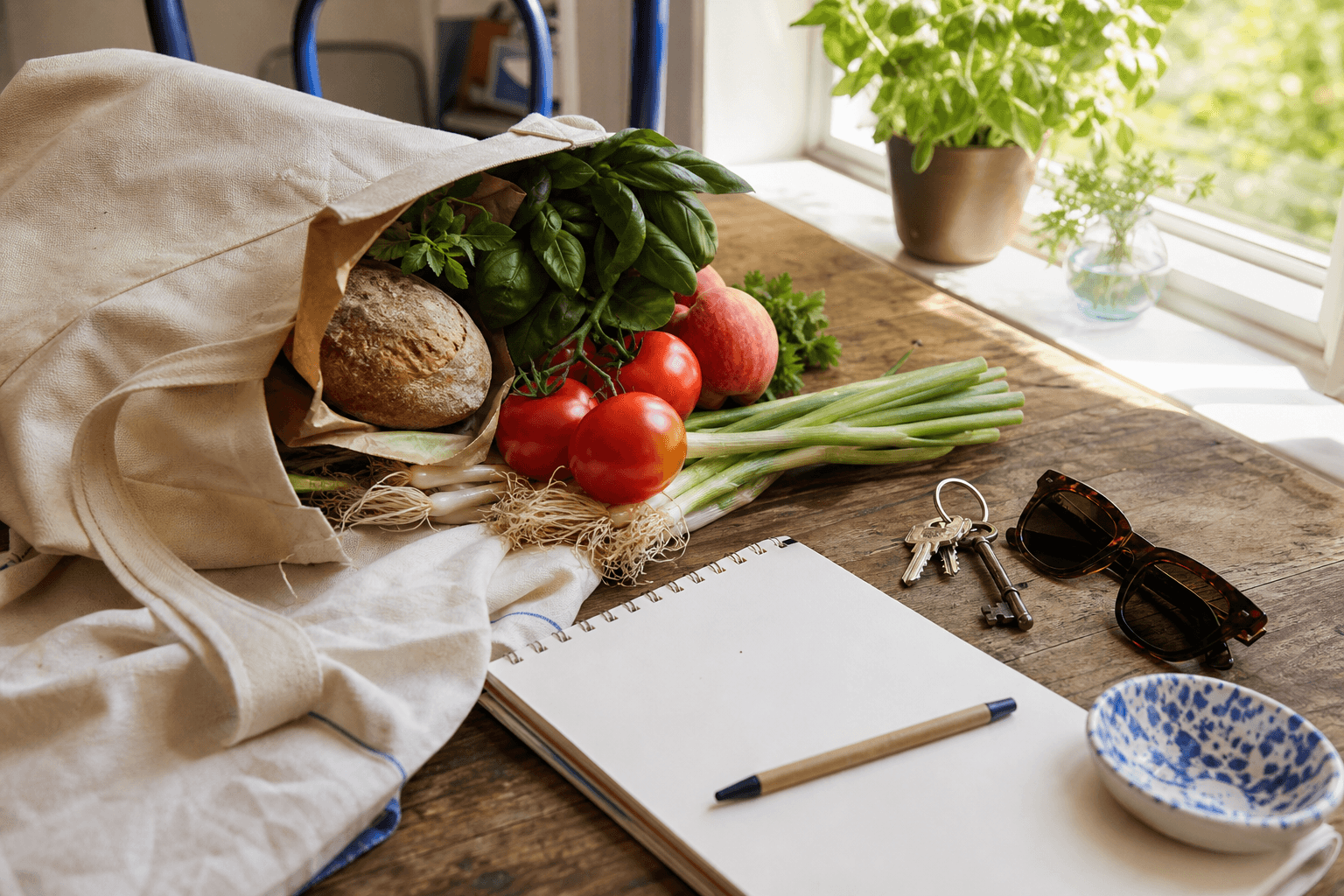 A canvas market bag spilling tomatoes, basil, peaches, bread and spring onions beside a blank notebook