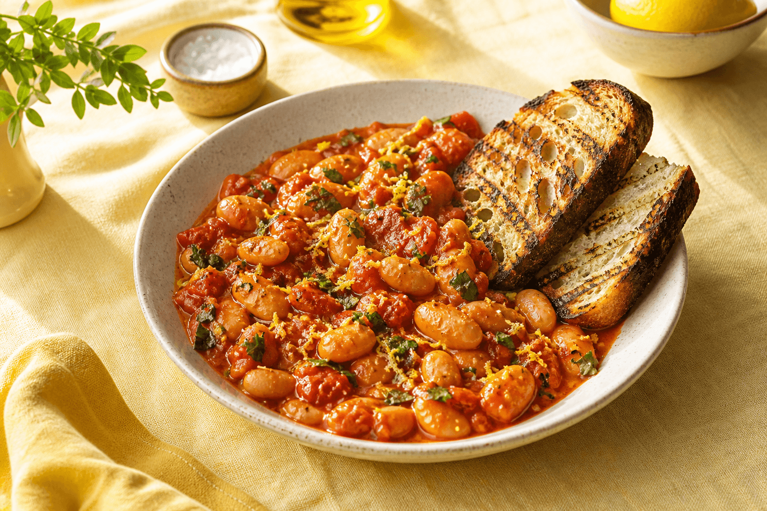 A shallow bowl of butter beans in smoky tomato sauce with parsley, lemon zest and grilled sourdough