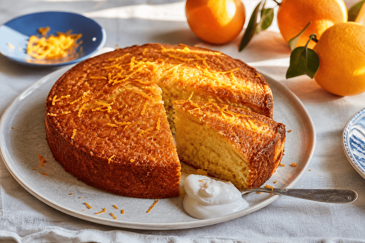 A golden orange olive oil cake with one slice cut, orange zest on top and yoghurt alongside